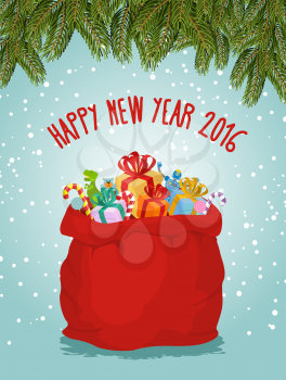 Happy new year. Santa big bag full of presents. Childrens toys and festive box. FIR branches and snowfall. Fabulous red bag with gifts. Illustration for Christmas and new year.
