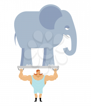 Ancient athlete and elephant. Vintage circus strongman. Bodybuilder with big moustaches acts in circus. Power room with an animal from jungle. Retro strongman and wild beast.
