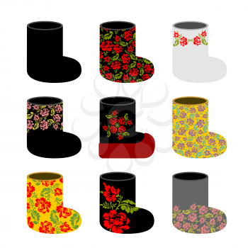Set national Russian winter footwear. Traditional warm boots in Russia. Ornament of colors on shoe. Khokhloma painting on clothing and accessories.
