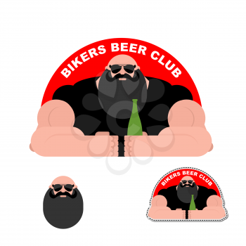 Logo Biker beer Club. Bearded brutal biker. Powerful man in leather jacket.
