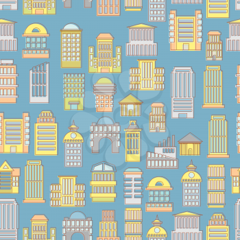 Megapolis seamless pattern. Background of  buildings city. Municipal and business institutions. Urban landscape. Silhouettes of public buildings. Retro texture fabric