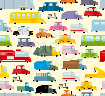 Cartoon car pattern. City traffic jam. Diverse ground Transoprt. Background seamless toy car. Passenger and freight transport. Hearse and ambulance car. 