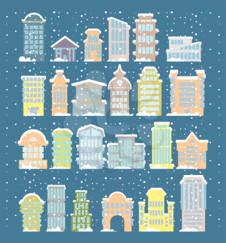 Winter buildings icons. Skyscrapers and towers in snowfall. Snow on rooftops and snowdrifts. Urban structure. City in snowstorm. Elements of city. Government and public buildings. Winter architecture
