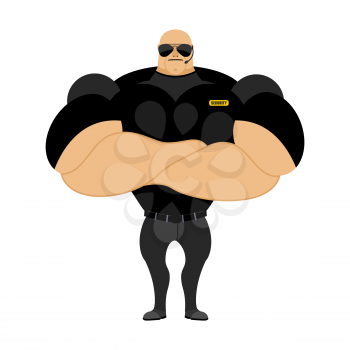 Big and strong security guard. Man with big muscles. Security guard nightclub. Athlete with big muscles in black t-shirt.