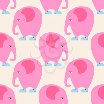 Pink Elephant seamless pattern. Background of circus animal with trunk. Fantastic beast in blue boots. Ornament for baby tissue. Great romantic sad elephant