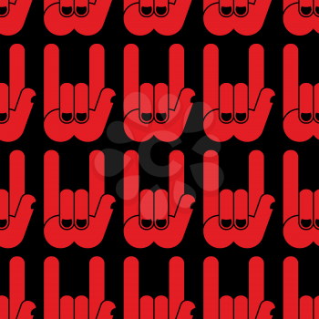 Rock hand sign seamless pattern. Black background and red hands. Rock and roll Textur. 
