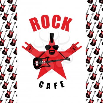  Rock Cafe. Logo template for music rock bar. Star with electro guitar and rock hand sign.
