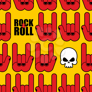 Rock and roll seamless pattern. Background of Skull and rock hand sign.
