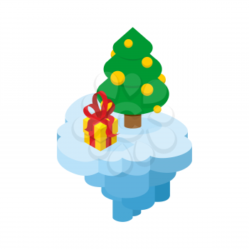 Christmas flying island. Piece of land with tree and present. Holiday tree with balloons and box with gift and red tape. Fantastic island for new year. Part of  ice with winter holiday objects.