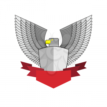 White Hawk with shield and red Ribbon. Bird and shield heraldic symbol. Vector emblem Angry militant bird