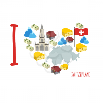 I love Switzerland. Symbol heart of cheese and Alps, Bank and money. Map of Switzerland. Logo tourist. Vector illustration