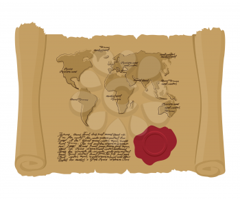 Map world of  ancient scroll with seal of King. Old document. Archaic treasure map. Abstract handwritten text. Antique manuscript with mainlands. Geographic
map of ancient world
