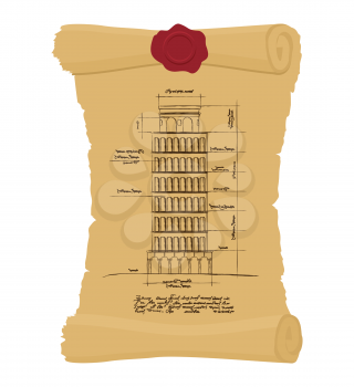 Tower of Pisa Old scroll. Ancient drawing of  leaning scheme of ancient architectural constructions in Italy. Architectura building landmarks of Italy. Design of architecture in ancient papyrus.