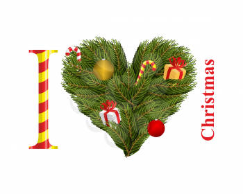 I love Christmas. Symbol of heart of FIR branches. Gift with Red Ribbon and Christmas toys. Conifer twig wreath in shape of heart.
