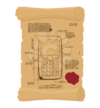 Cell phone with buttons on old scroll. Paper Project of ancient phone. Prehistoric mobile phone old Papyrus
