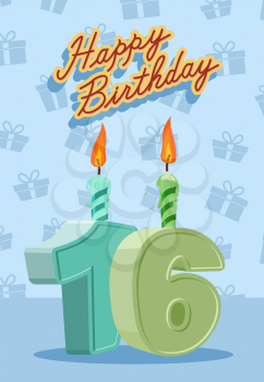 Birthday candle number 16 with flame. vector illustration