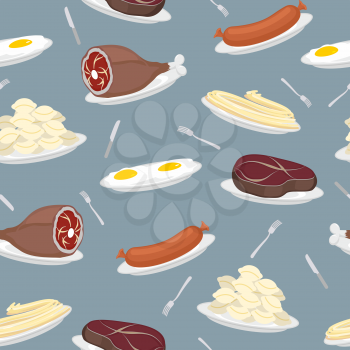 Food seamless pattern. Sausage and dumplings. Ham and steak. Scrambled eggs and pasta. Food on plate. Cutlery: knife and fork. Background for restaurants and cafes, dining room. Vector illustration.