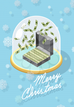 marry christmas. Falling money. Case of money. Wealth. Congratulations greeting card