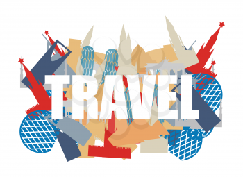 Travel. Text on background silhouettes attractions of countries. World Landmarks. Building of various States and countries: Russia and Italy, Germany and U.A.E.. Vector illustration.