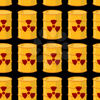 Yellow barrels of radioactive substance seamless pattern. Vector background of toxic waste.
