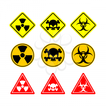 Set sign Biohazard, toxicity, dangerous. Yellow signs of various shapes: circle, square and triangle.