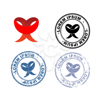 Red Ribbon. Logo and set of stamps with different degree of old age. Blue print for documents with worn items.

