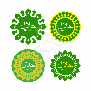 Halal logo or seal for products. National Islamic Arabic element. Vector illustration. Text in Arabic Halal