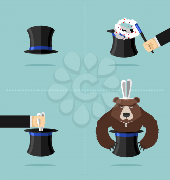 Sequence of a magic trick. Instead of rabbit out of  hat was a bear. Top hat magician with magic wand. Rabbit in hat Vector illustration. Angry bear.