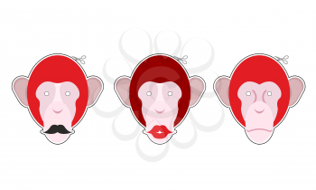 Set mask red monkey: Monkey with moustache. Monkey with big red lips. Collection of masks for  Chinese new year holiday.
