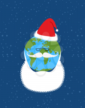 Earth of Santa Claus. World-new year. Earth with  beard and mustache. Christmas hat for  world.
