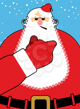 Bad Santa Claus shows fuck. Bad hand gesture. Bully Santa with  cigar. Christmas character with white beard and moustache. Happy new year postcard.