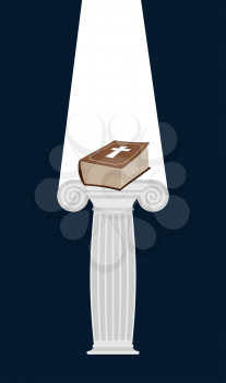  Bible is pedestal in  dark. Divine light illuminates a thick book. Gift of heaven. Vector illustration
