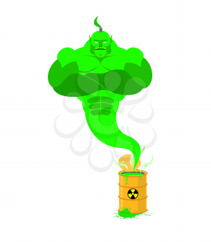 Acid Genie of barrels of toxic waste. Green Magic spirit. Vector illustration
