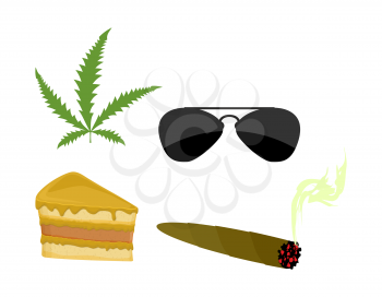 Set of drugs. Accessories addict. Marijuana and cannabis. Sunglasses and a piece of cake. Vector illustration