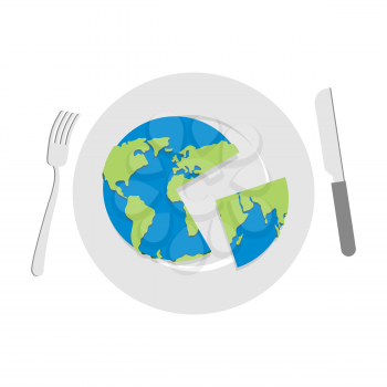 Earth on plate. Globe cut with a knife. Cutlery: knife and fork. Globe food. Political kitchen.
