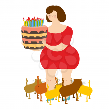 Sad woman of forty and birthday cake. Fat  lonely Lady. Only cats. Sad holiday alone. Many of pets. Not Merry birthday.
