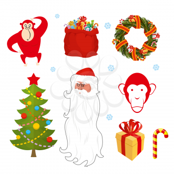 Christmas set. Chinese new year objects: red monkey bag Santa Claus. Wreath of pine branches. Christmas tree decorated with festive. Gift box with red bow. Santa Claus with a large beard. Sweetness ca