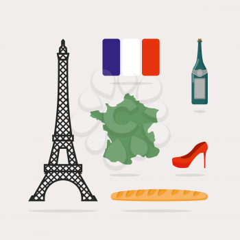 Icons symbols of France. Eiffel Tower and map country. Baguette and bottle of wine. French flag and red beautiful shoes. National characteristics of Paris.