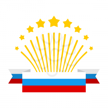 Salute and flag of Russia. Fireworks and Patriotic Ribbon from  Tricolor Russian flag. Design element for greeting card for May 9 or 23 February.
