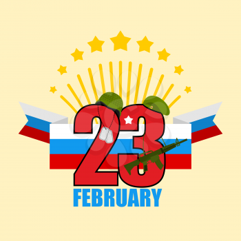 23 February. Greeting card. Soldiers helmet and green beret. Machines guns and military badge. Salute, Fireworks. flag of Russia. Traditional Russian holiday. Day of defenders of  fatherland. Patrioti