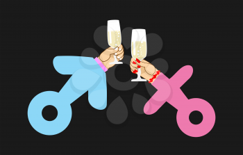 Male sign and female sign. Drink wine. Hands holding glasses of champagne. Romantic illustration
