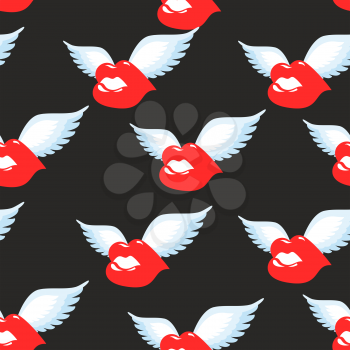 Kiss seamless pattern. Red luscious lips with wings background. Ornament of  flying kiss. Air kiss of Texture. Romantic love pattern.
