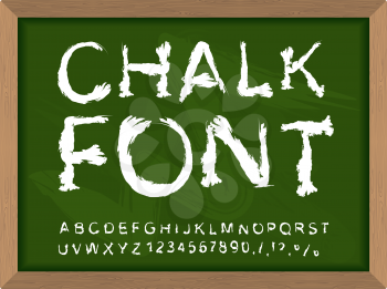 Chalk font on blackboard. Write with chalk on  lesson at school. Handwriting alphabet. Uneven letters, track from chalk texture
