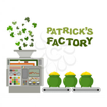 Patrick factory. Leprechaun machine. Recycling green clover in gold coins. Automatic sorting line treasures of leprechaun. Conveyor belt with green pot and gold money. works for St. Patrick's Day cele
