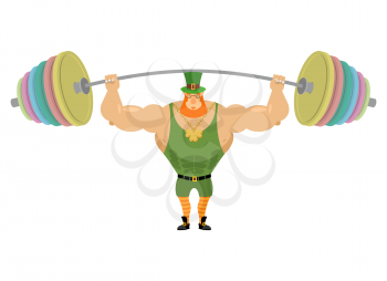 Leprechaun and barbell sports. Bench press barbell above his head. Exercises for shoulders. Strong, powerful old man with Red Beard. Fairy dwarf. Golden clover at the chain. Character for St. Patrick'