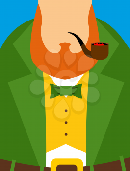 Leprechaun in yellow vest. Green old frock coat. Pipe and a large Red Beard. Illustration for the Irish holiday St. Patrick's day.
