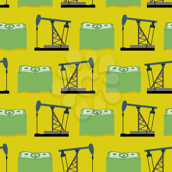 Oil rig and a bundle of money seamless pattern. Vector rich background. A lot of dollars and oil.
