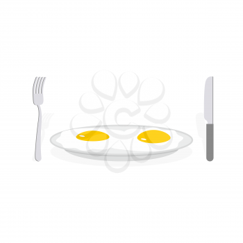 Scrambled eggs. Two fried eggs on plate. Cutlery, fork and knife. Food vector illustration