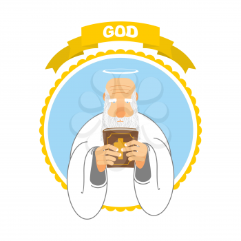 God and Holy Bible. Good Grandpa keeps Holy Book. Holy man and tall ancient book. New Testament. Halo above his head. Man with big white beard in white clothes.

