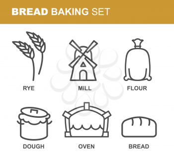 Bread baking set of icons. Bread production line. Rye and flour mill. Textile bag with flour. Tests a saucepan. Baking oven with fire. Fresh Bread
